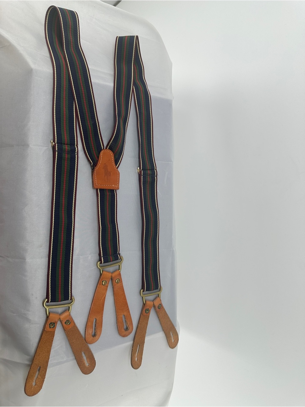 POLO RALPH LAUREN Suspenders Braces Red Navy Stripe Green Tan Leather